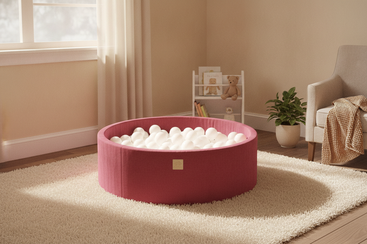 MeowBaby Raspberry Red Round Velvet Ball Pit in a cosy nursery corner