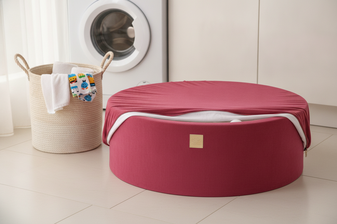 MeowBaby Raspberry Red Round Velvet Ball Pit with cover partially unzipped, showing washable design