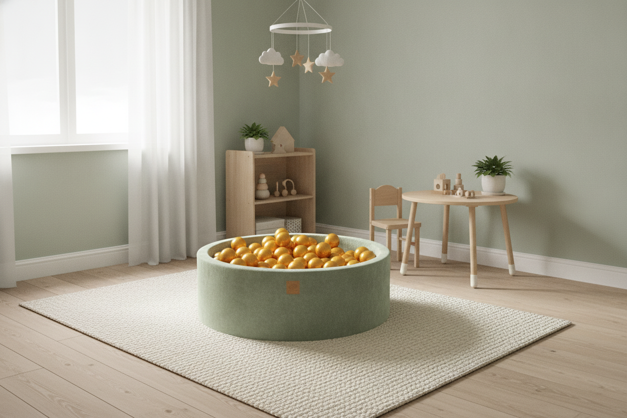 MeowBaby Sage Olive Round Velvet Ball Pit in a calm Scandi nursery corner
