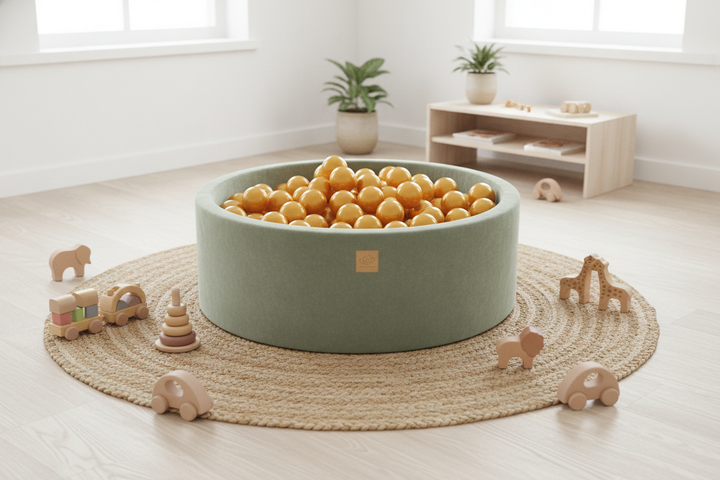 MeowBaby Sage Olive Round Velvet Ball Pit on a rug in a bright playroom