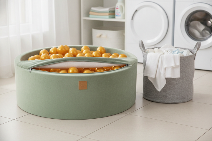 MeowBaby Sage Olive Round Velvet Ball Pit with cover partially unzipped, showing washable design