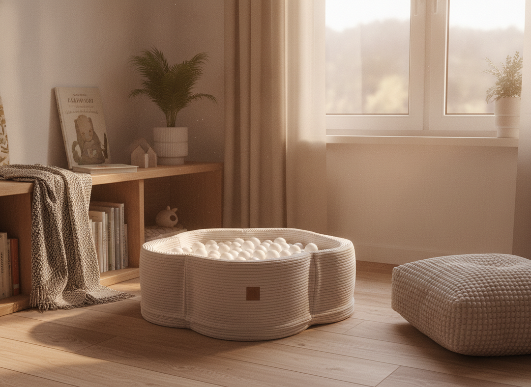 MeowBaby Ecru Aesthetic Flower ball pit in a lifestyle setting: A Fixture In The Room, Not A Toy Box Item