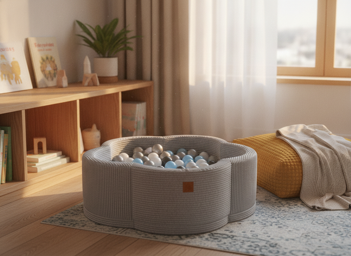 MeowBaby Grey Aesthetic Flower ball pit in a lifestyle setting: A Fixture In The Room, Not A Toy Box Item