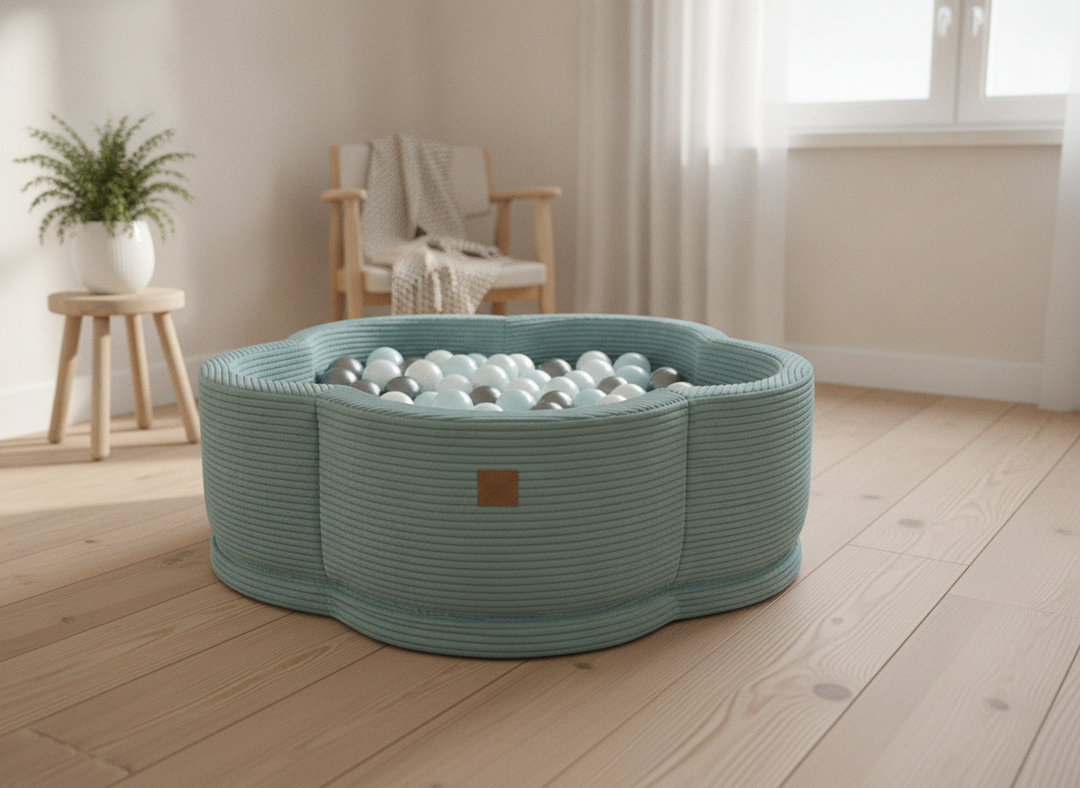 MeowBaby Turquoise Aesthetic Flower ball pit in a lifestyle setting: A Petal Shape That Settles Into The Room