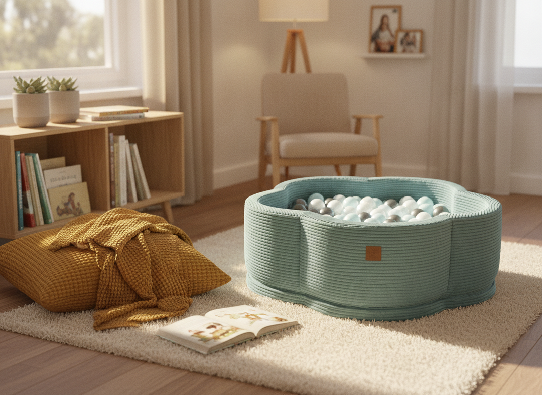 MeowBaby Turquoise Aesthetic Flower ball pit in a lifestyle setting: A Fixture In The Room, Not A Toy Box Item