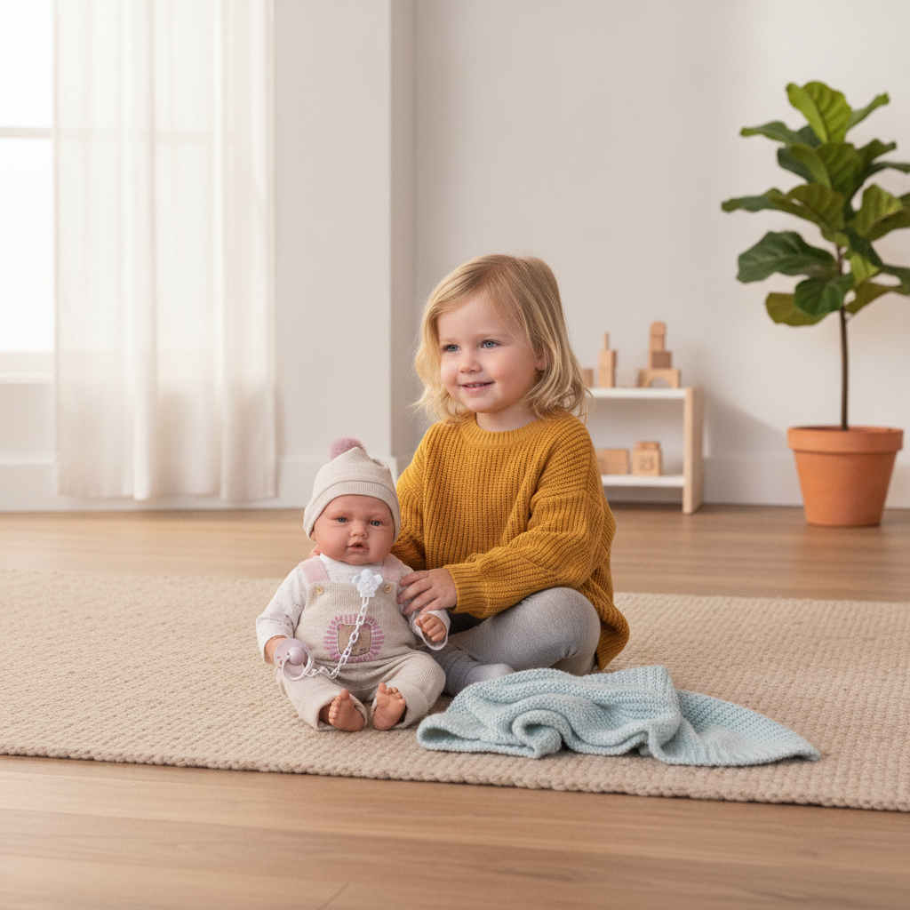 Antonio Juan Babydoo poseable doll from the Classics Collection sitting upright in a playroom