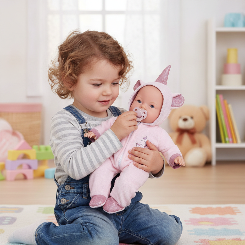 Child playing with the Antonio Juan Bimba Unicorn doll, dressed in her unicorn pyjama with hooded horn