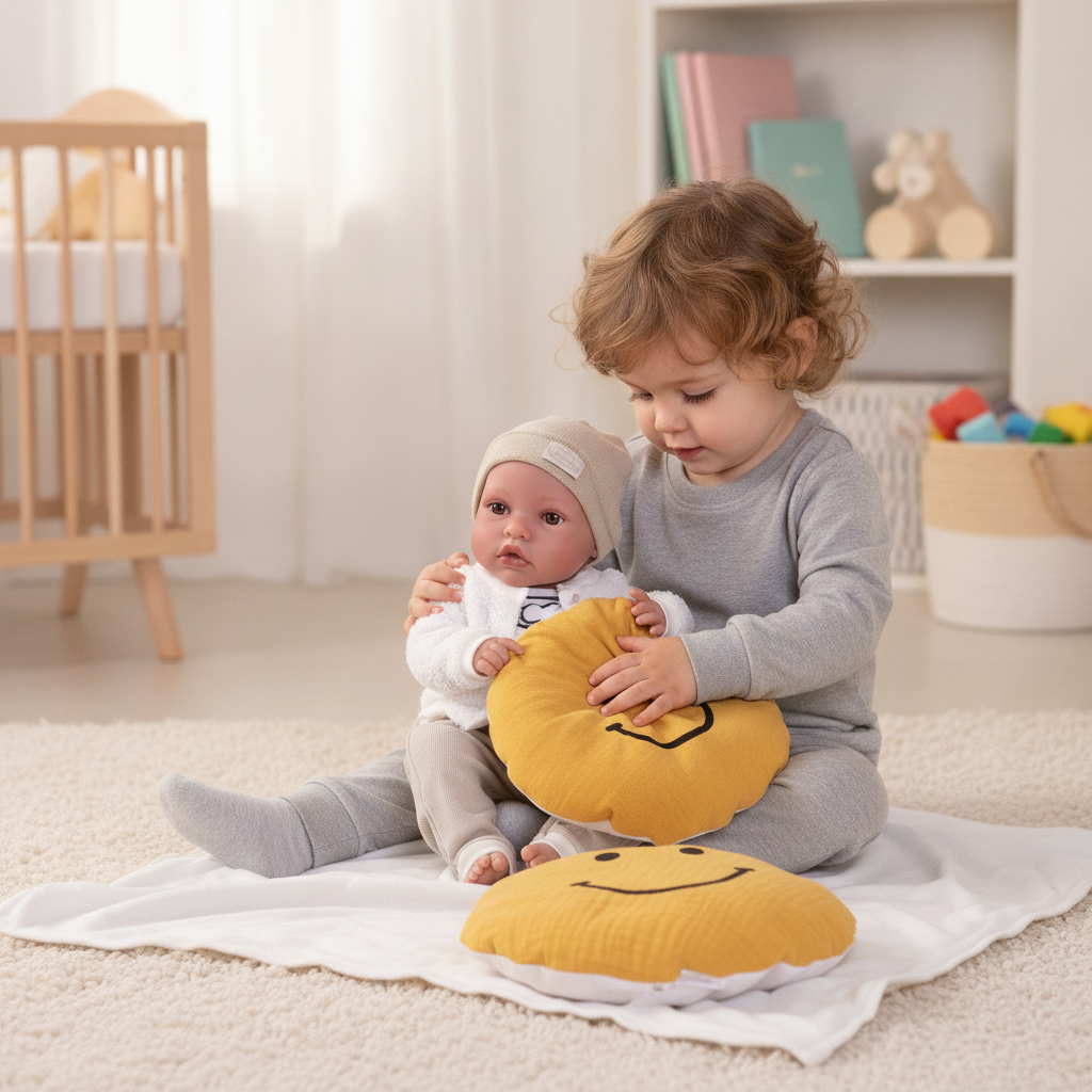 Child posing the Antonio Juan Erik doll with his smiley-faced cushion, showing his articulated limbs