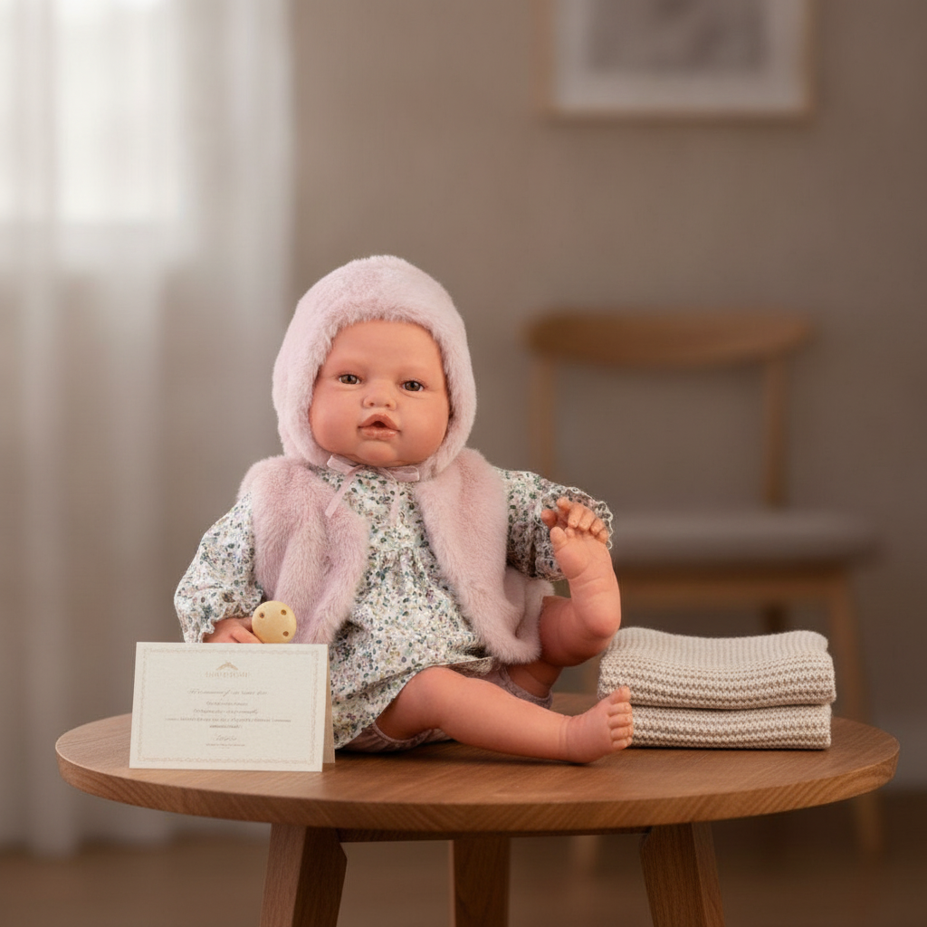 Antonio Juan Fur Reborn Doll displayed with its certificate of authenticity, a genuine keepsake