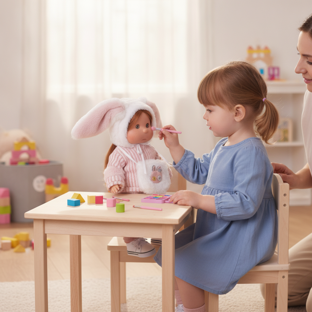 Child using the doll-safe makeup set on the Antonio Juan Iris fashion doll under adult supervision