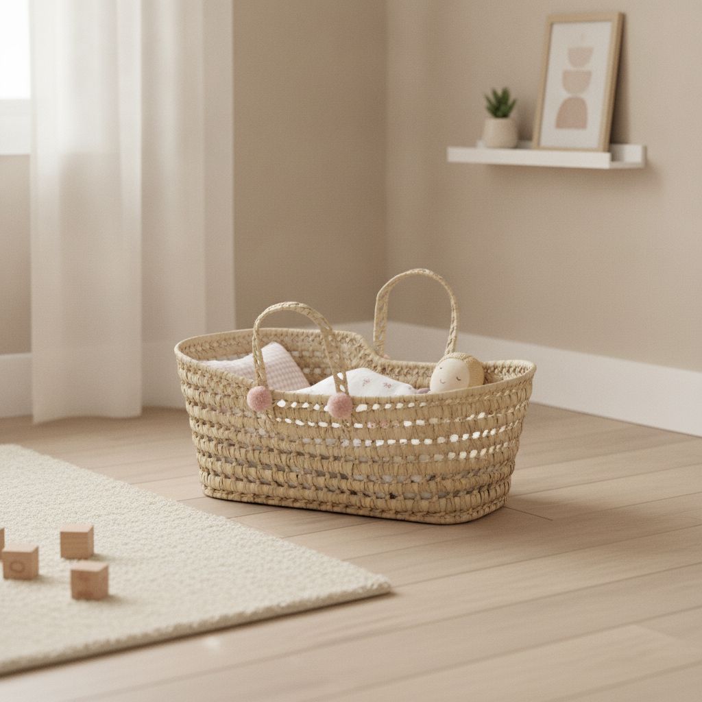 Antonio Juan Palm Moses Basket in floral print with a small doll tucked up inside for stroll-and-settle play