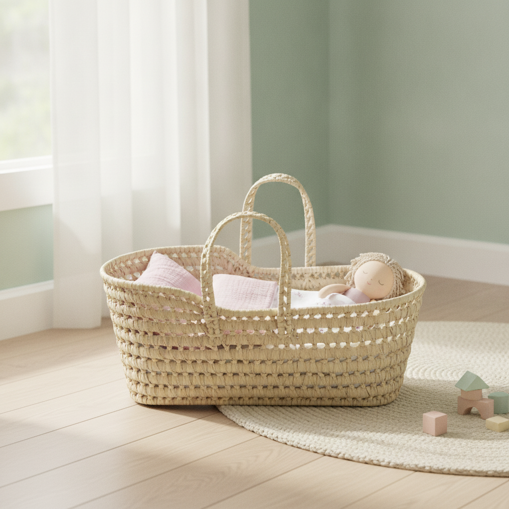 Antonio Juan Palm Moses Basket in unicorn print with a doll tucked up inside for stroll-and-settle play