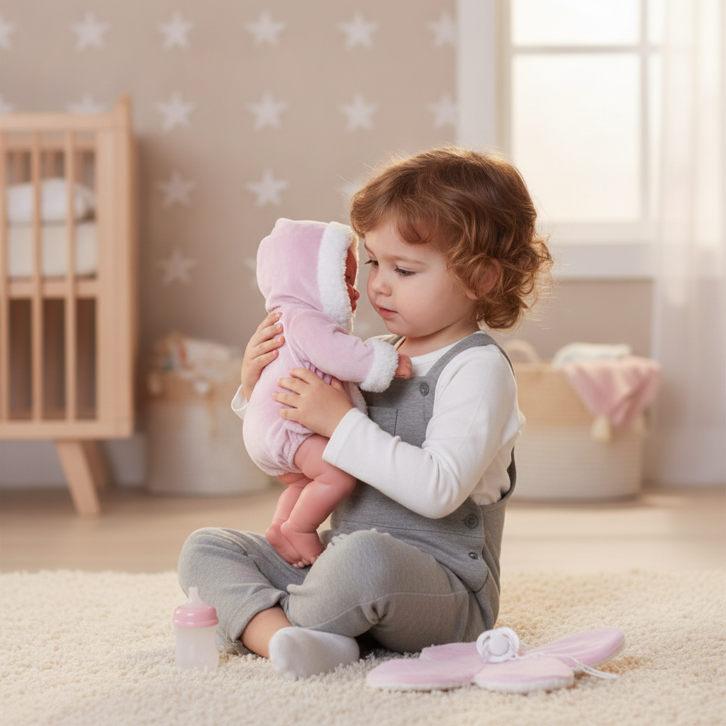Child holding the Antonio Juan Newborn Carla doll, dressed in her pink hooded romper with her feeding bottle nearby