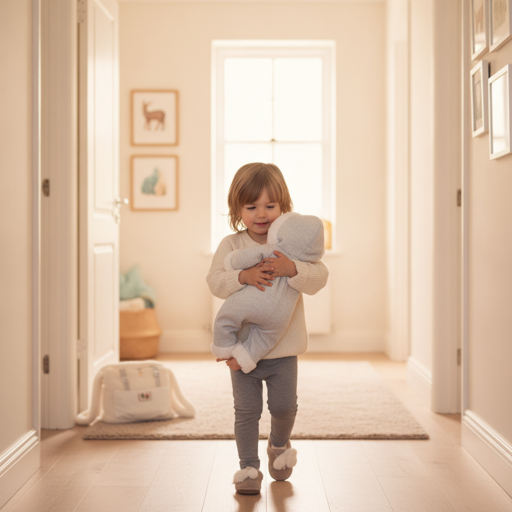 Child carrying the Antonio Juan Newborn Lea doll around the house, dressed in her quilted outfit