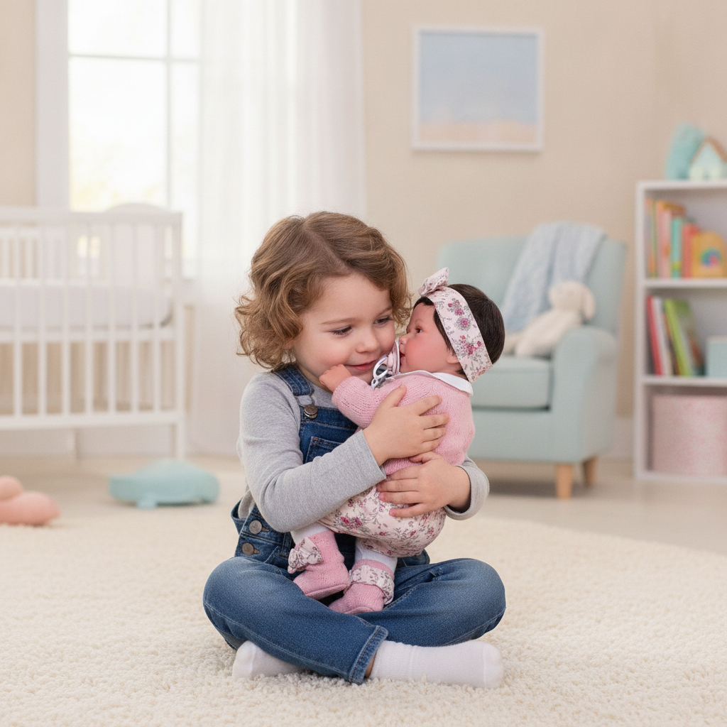 Child cuddling the Antonio Juan Newborn Pipa doll, showing her soft realistic body
