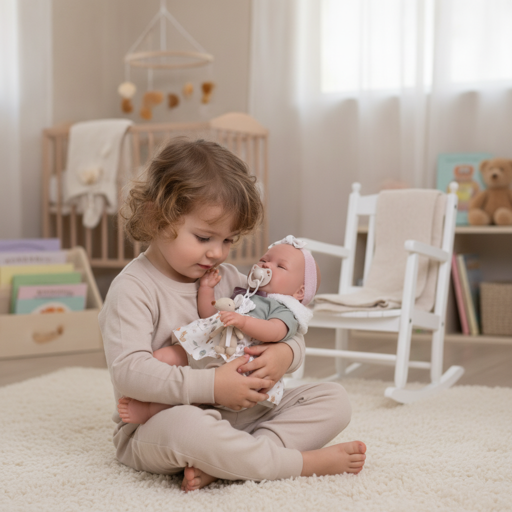 Child rocking the Antonio Juan Reborn Daniela doll, showing her weighted, realistic body