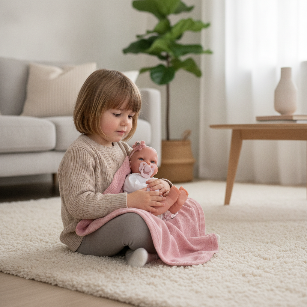 Child cradling the Antonio Juan Toneta doll with blanket, showing her flexible posable body