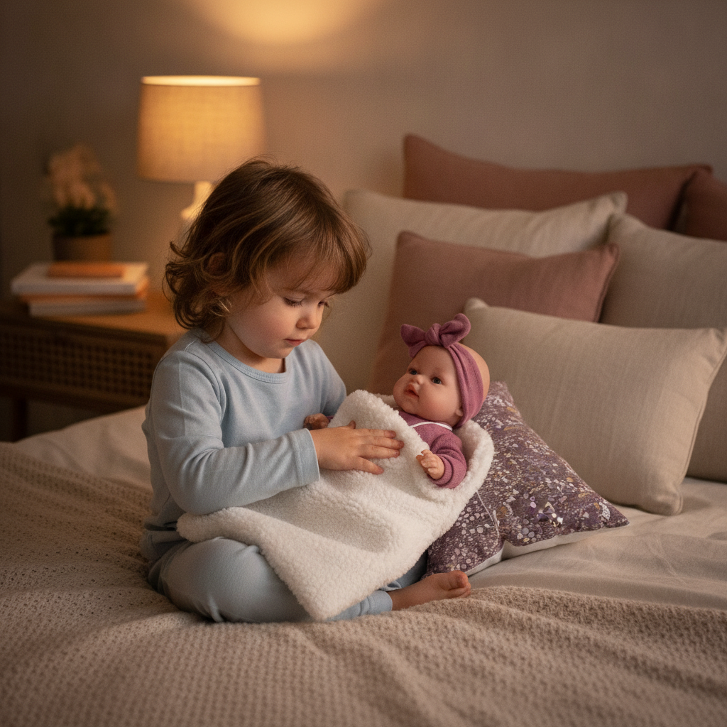 Child pressing the tummy of the Antonio Juan Toneta doll bundled in her sleeping bag