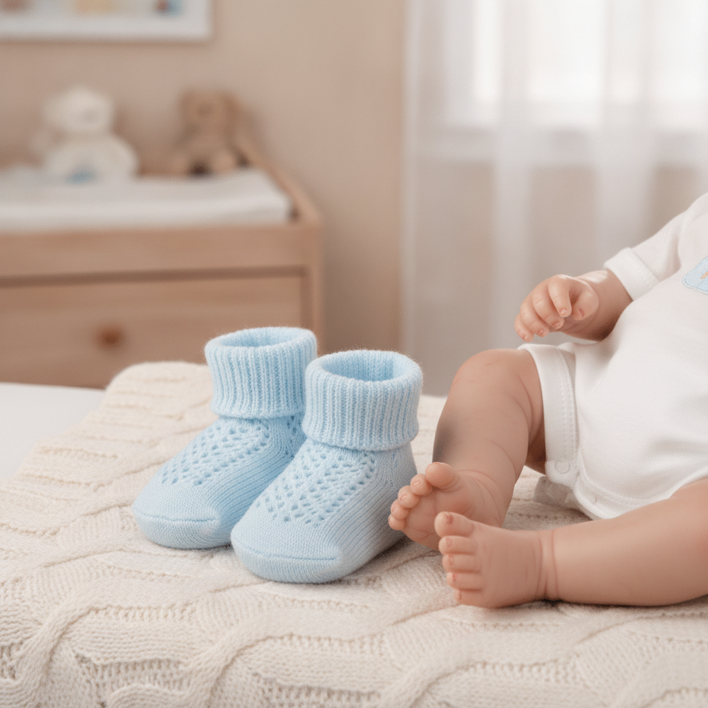 Arias doll socks set in blue, laid beside a reborn doll's feet, sized for 40 to 45cm dolls