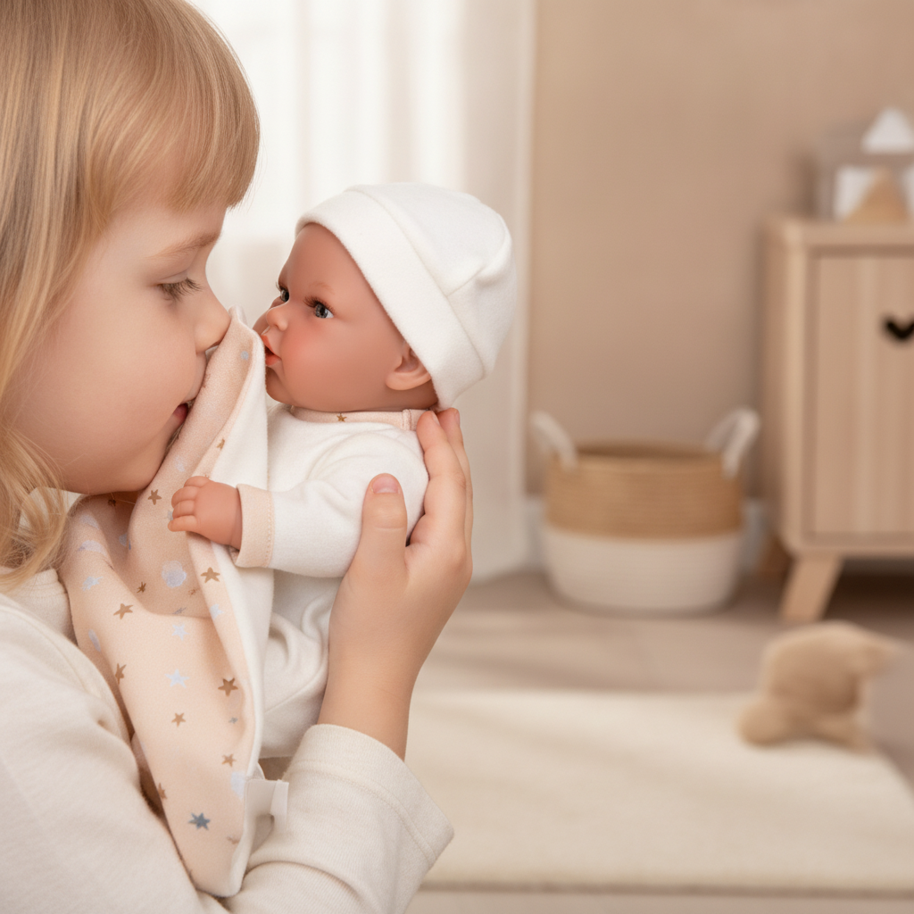 Child holding the Arias Elegance Bunny doll in beige close, enjoying its light vanilla scent