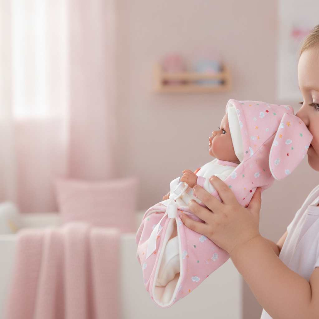 Child holding the Arias Elegance Bunny doll in pink close, enjoying its light vanilla scent