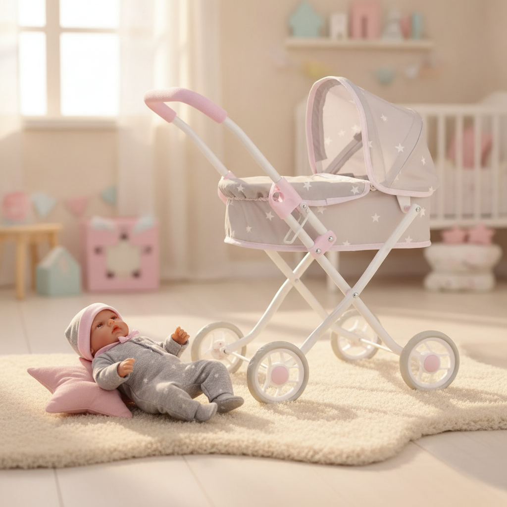 Arias Emma dolls pram parked beside the matching Arias Reborn Doll Emma on a nursery rug