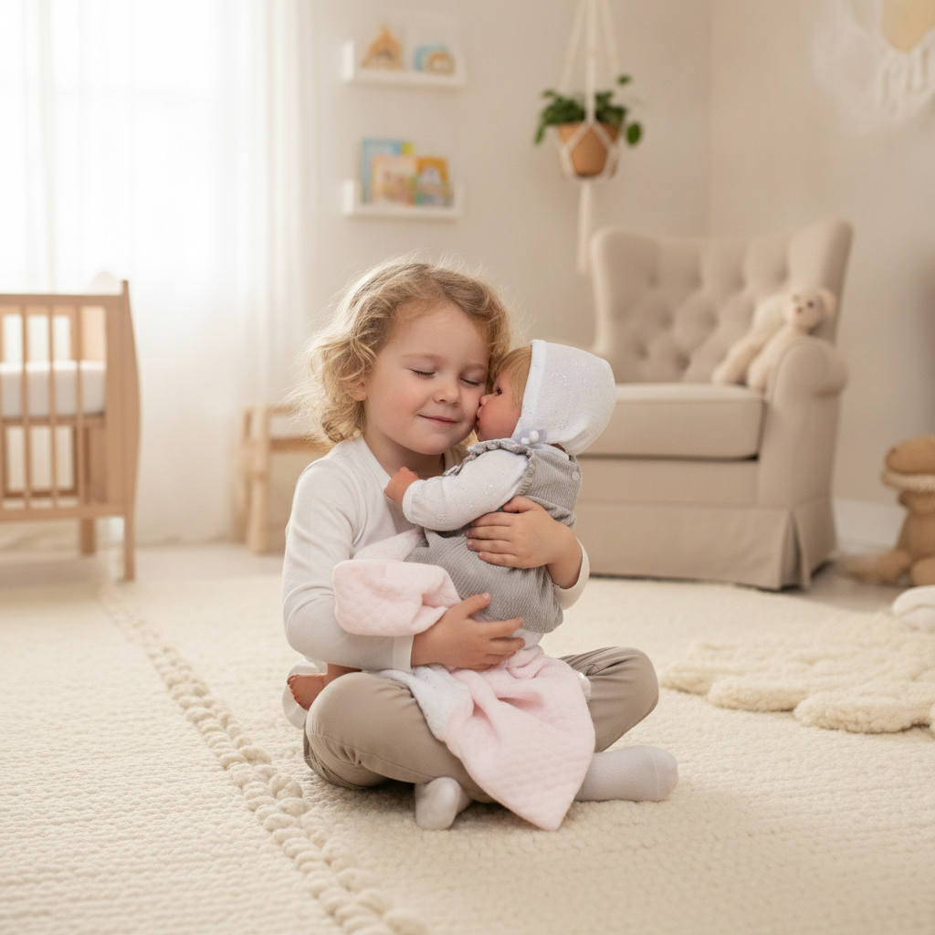 Child holding the Arias Reborn Doll Emma close, enjoying her light vanilla scent