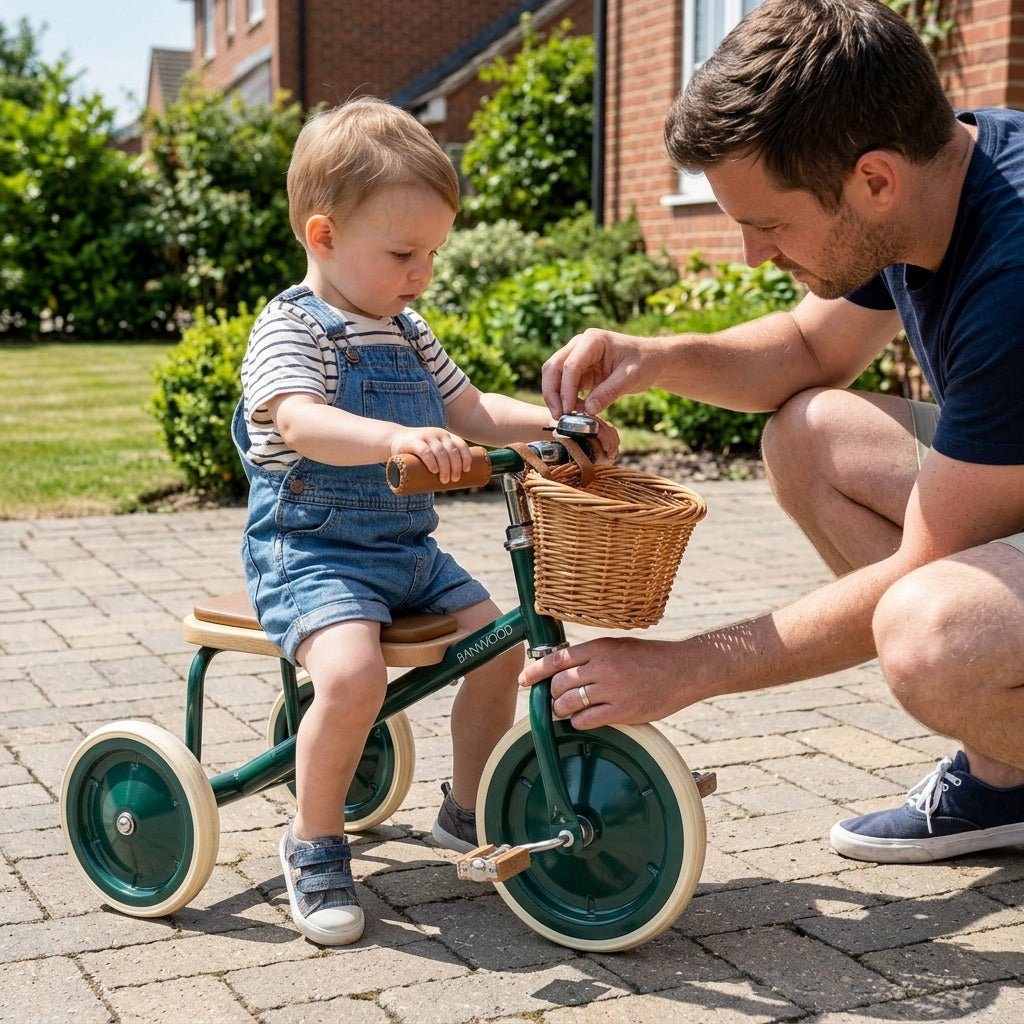 Toddler sitting on the Banwood Trike Vintage in Green while a parent adjusts the bell on a driveway