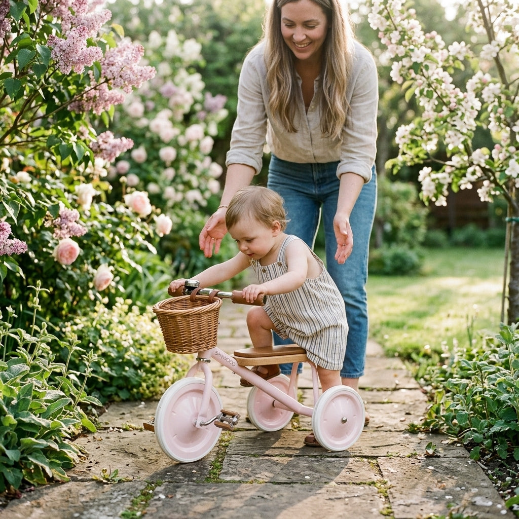 Toddler climbing onto the seat of the Banwood Trike Vintage in Pink in a blossoming garden