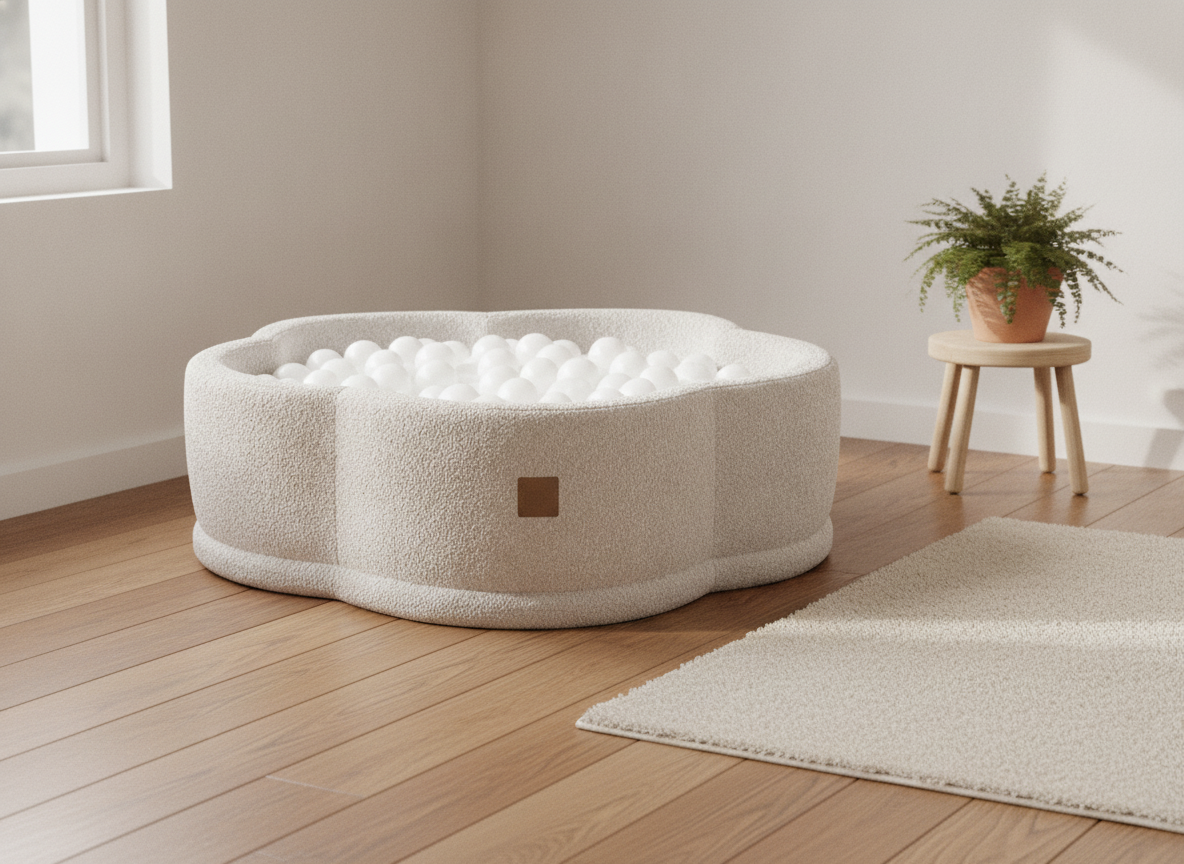 MeowBaby Champagne Ecru Boucle Flower ball pit in a lifestyle setting: A Petal Shape That Settles Into The Room