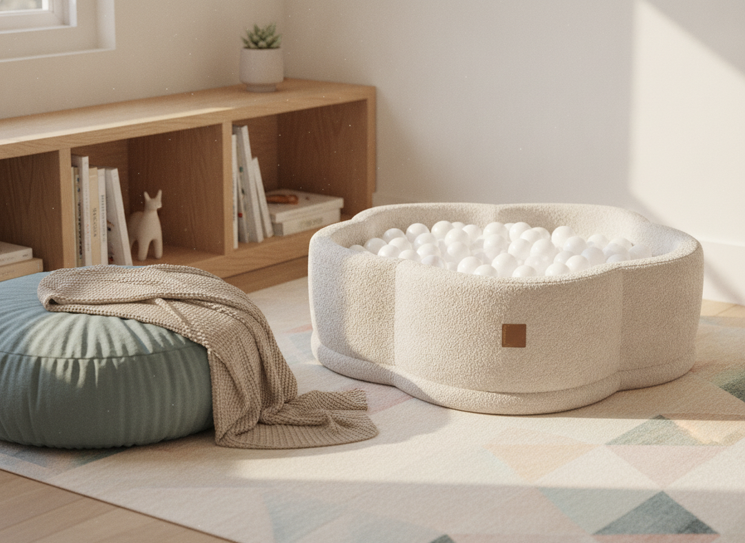 MeowBaby Champagne Ecru Boucle Flower ball pit in a lifestyle setting: A Fixture In The Room, Not A Toy Box Item
