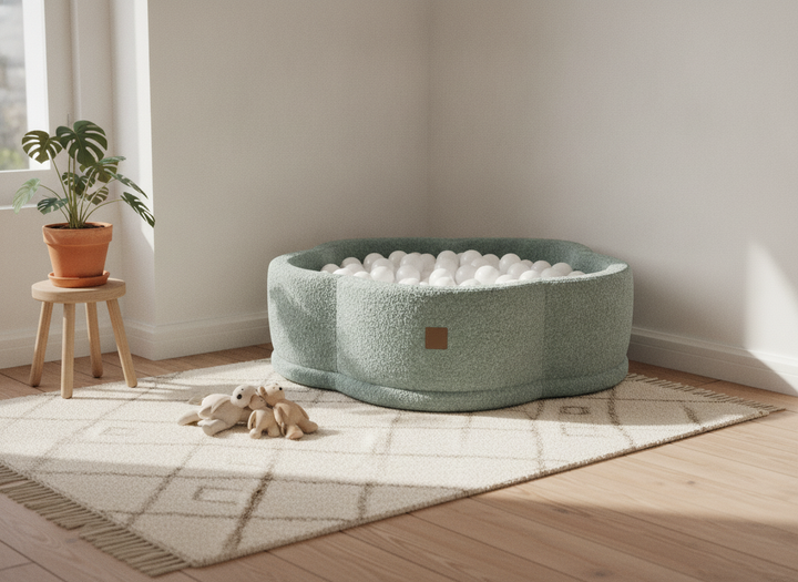 MeowBaby Fresh Mint Boucle Flower ball pit in a lifestyle setting: A Petal Shape That Settles Into The Room
