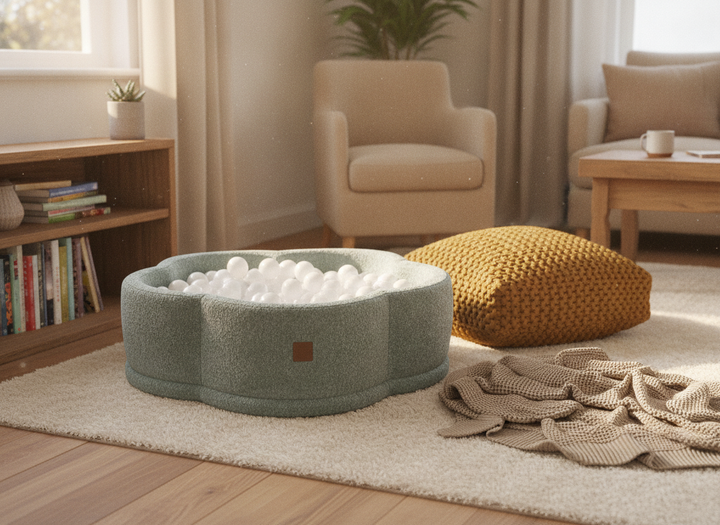 MeowBaby Fresh Mint Boucle Flower ball pit in a lifestyle setting: A Fixture In The Room, Not A Toy Box Item