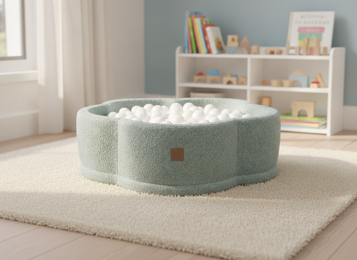 MeowBaby Fresh Mint Boucle Flower ball pit in a lifestyle setting: Built For Where Play Actually Happens