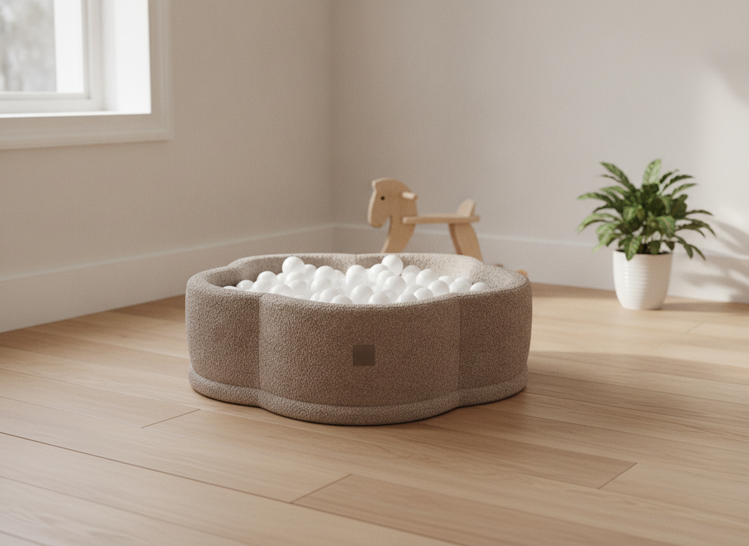 MeowBaby Tan Beige Boucle Flower ball pit in a lifestyle setting: A Petal Shape That Settles Into The Room