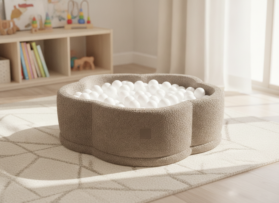 MeowBaby Tan Beige Boucle Flower ball pit in a lifestyle setting: Built For Where Play Actually Happens