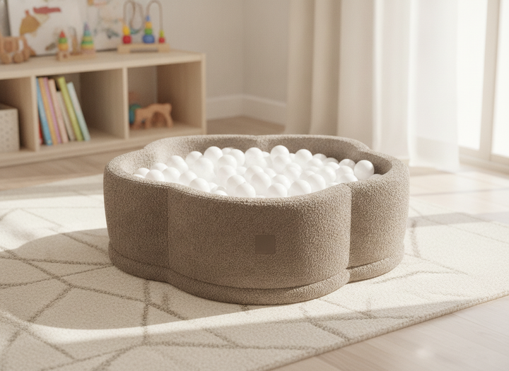MeowBaby Tan Beige Boucle Flower ball pit in a lifestyle setting: Built For Where Play Actually Happens