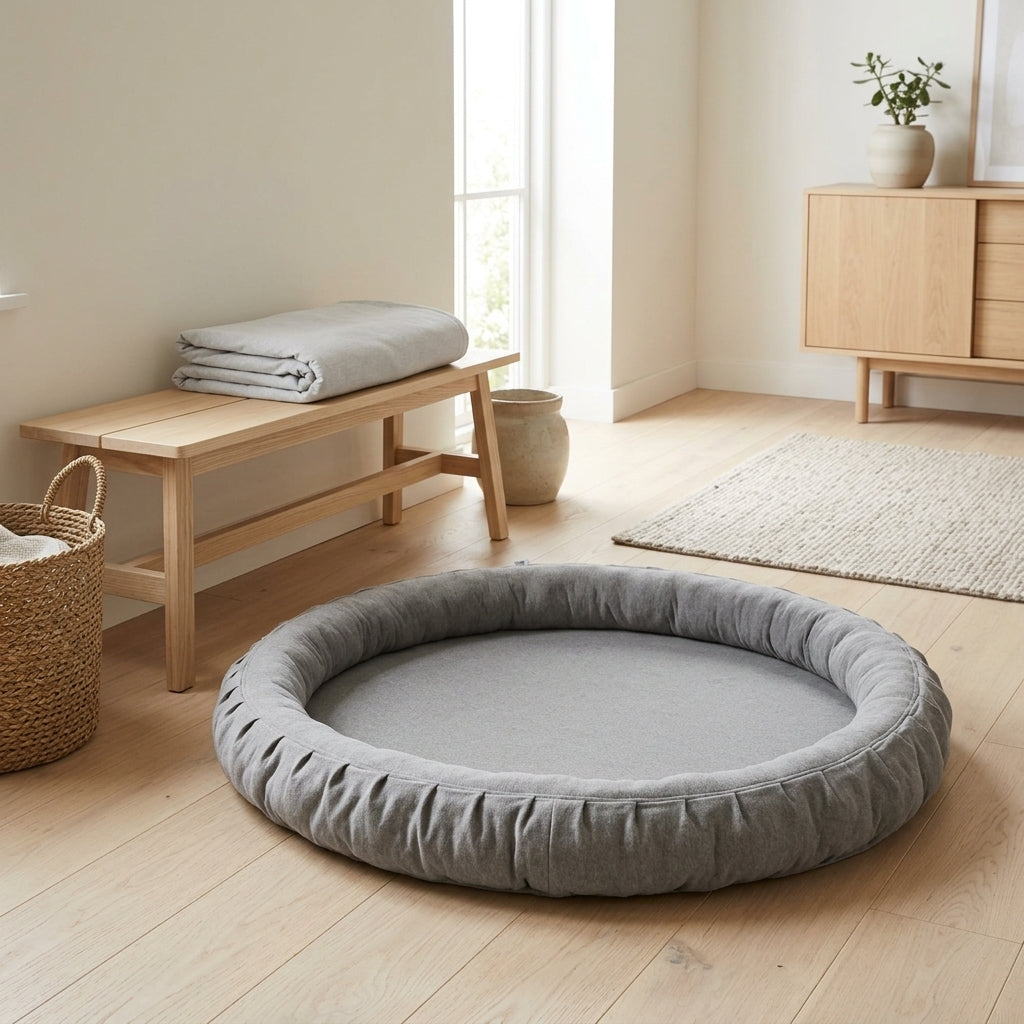 Monio for Kids light grey cotton padded nest playmat with pleated edge on an oak floor in a calm living room