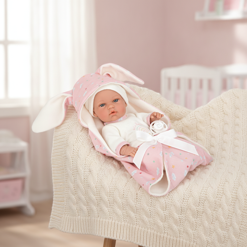 Soft touch, small hands - Arias Elegance Bunny Doll with Blanket and Dummy, Pink, 30cm, Nestoro