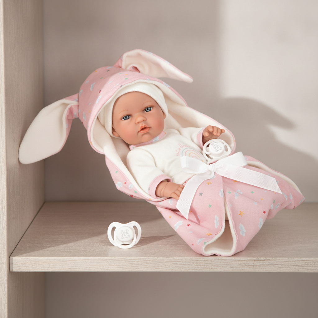Wrapped up and settled - Arias Elegance Bunny Doll with Blanket and Dummy, Pink, 30cm, Nestoro