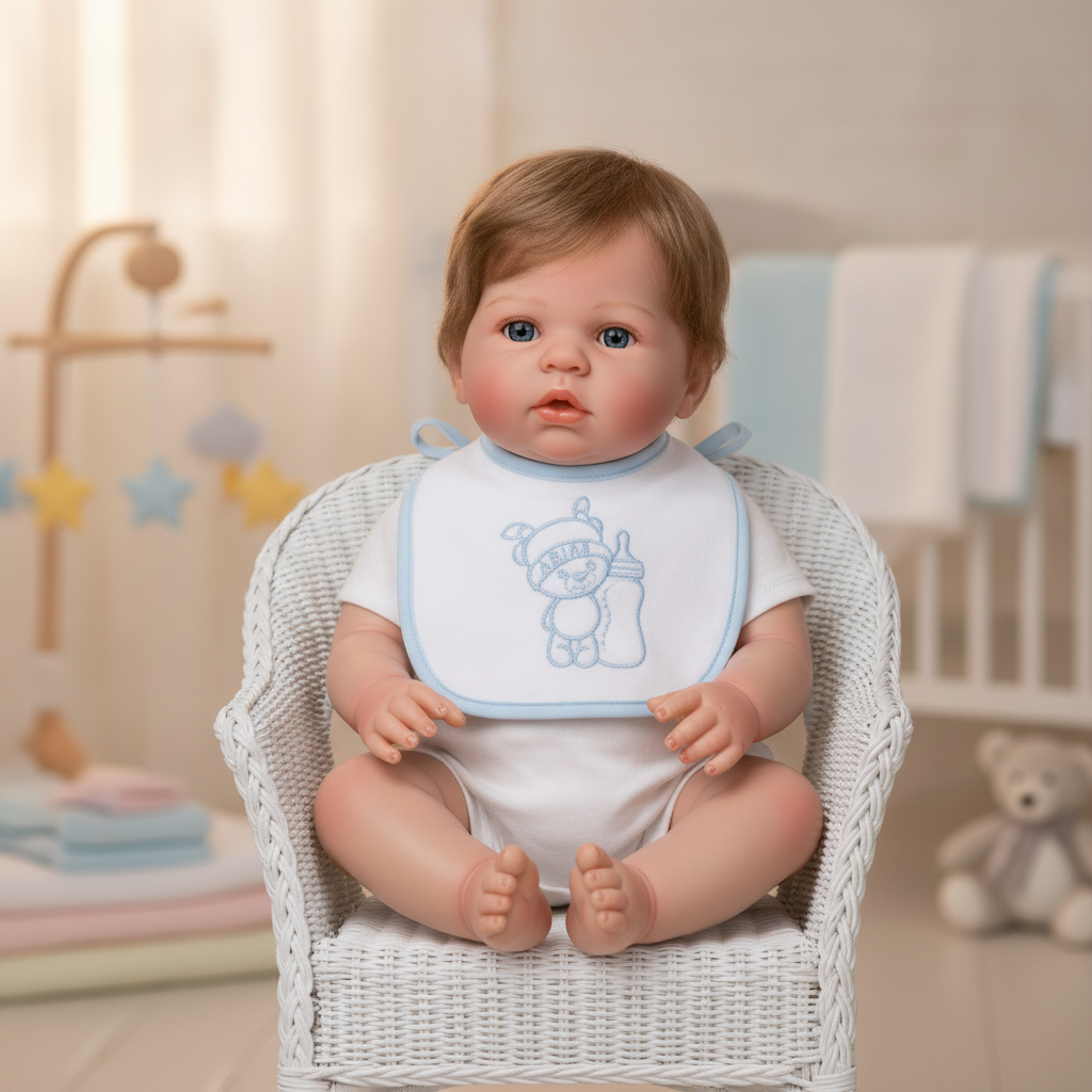 Arias blue and white doll bib shown in use on a reborn baby doll