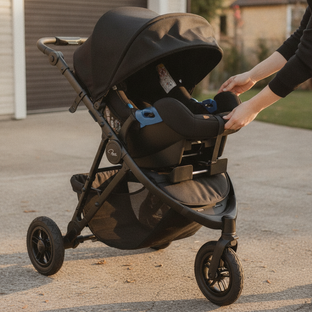 Parent clicking a newborn car seat onto the Roma Atlas pram chassis in Jet Black using the car seat adaptors