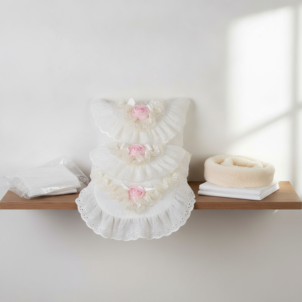 Roma cream and pink rose bedding set shown with matching carrycot accessories
