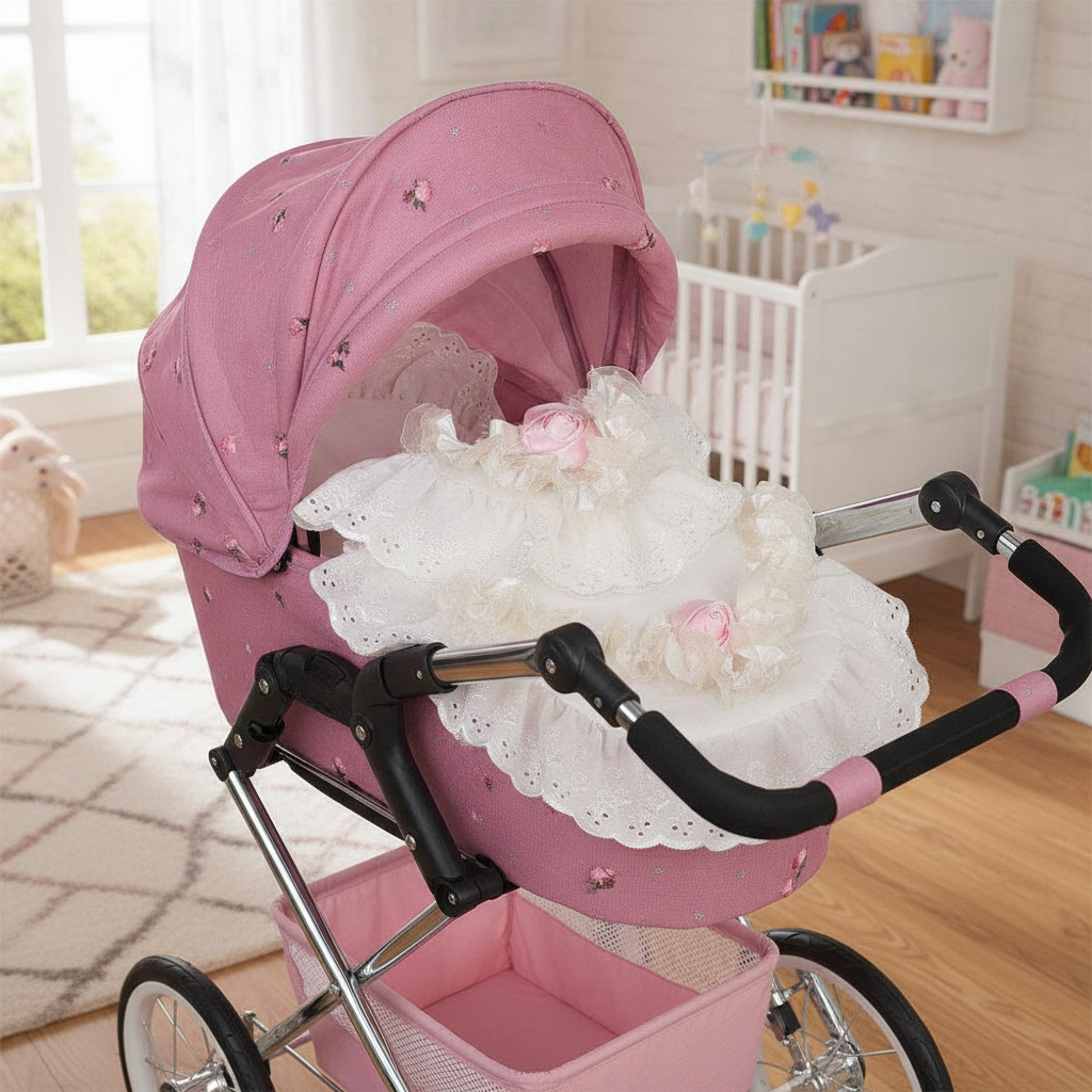 Roma cream and pink rose bedding set laid inside a dolls pram carrycot