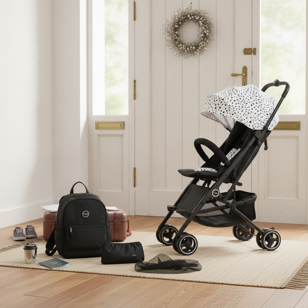 Roma Capsule3 stroller in Dalmatian print folded next to its included travel backpack, raincover and insect net