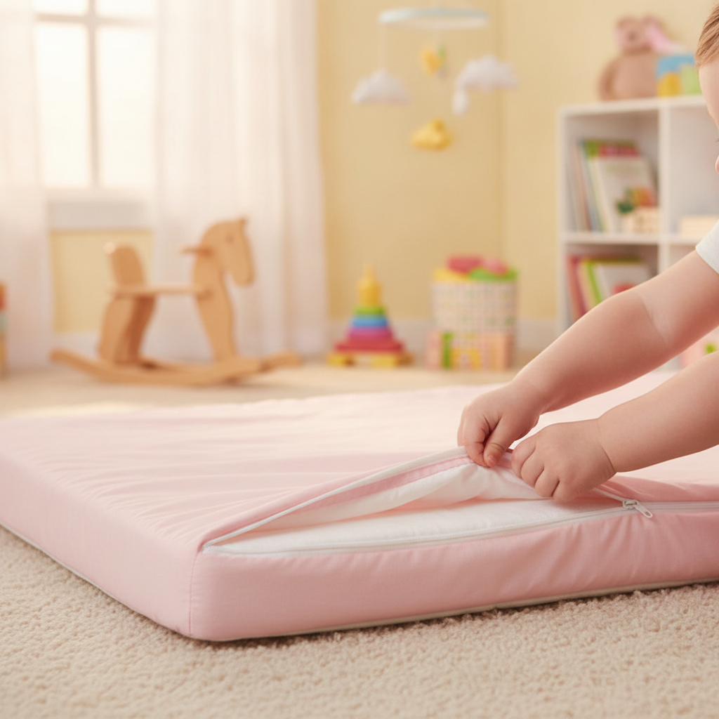 Removable cover on the Roma carrycot mattress being unzipped for washing