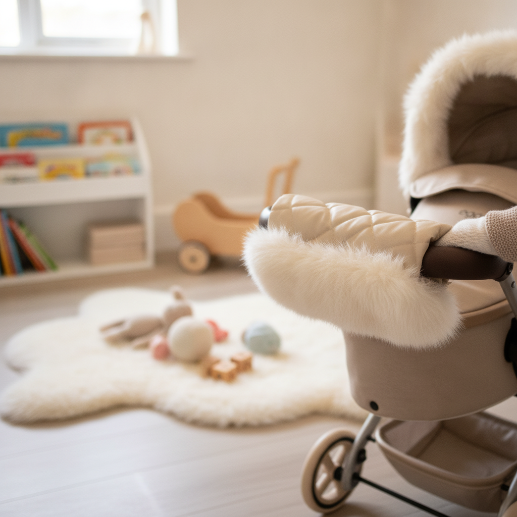 Child fitting the feather Roma Dolls Pram Fur Hand Muff onto an egg dolls pram handle