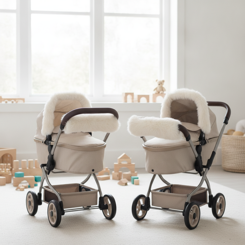 Feather Roma Dolls Pram Fur Hand Muff shown fitted across different Roma dolls pram models