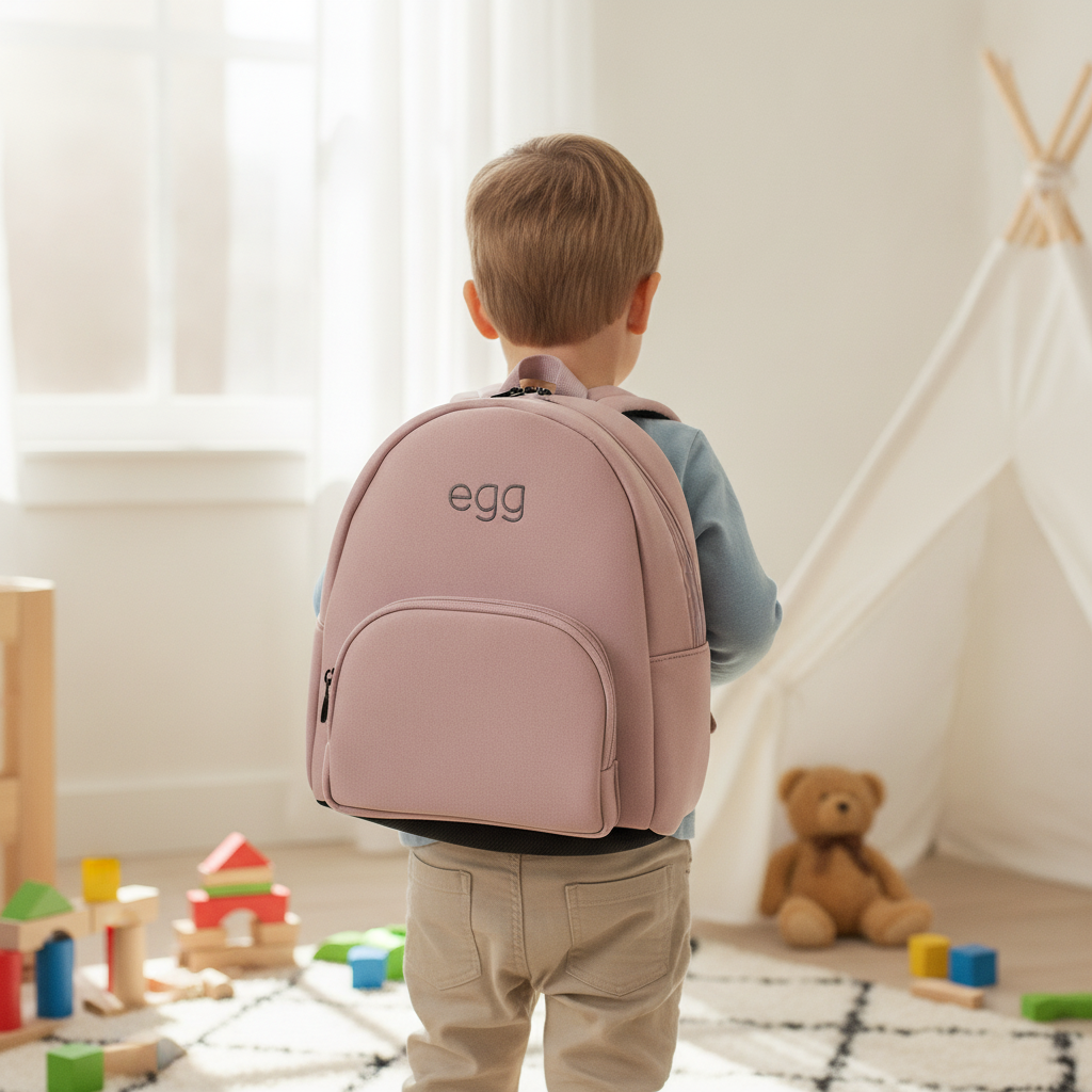 Child wearing the Egg Dolls Pram Hush Violet Bag as a standalone backpack