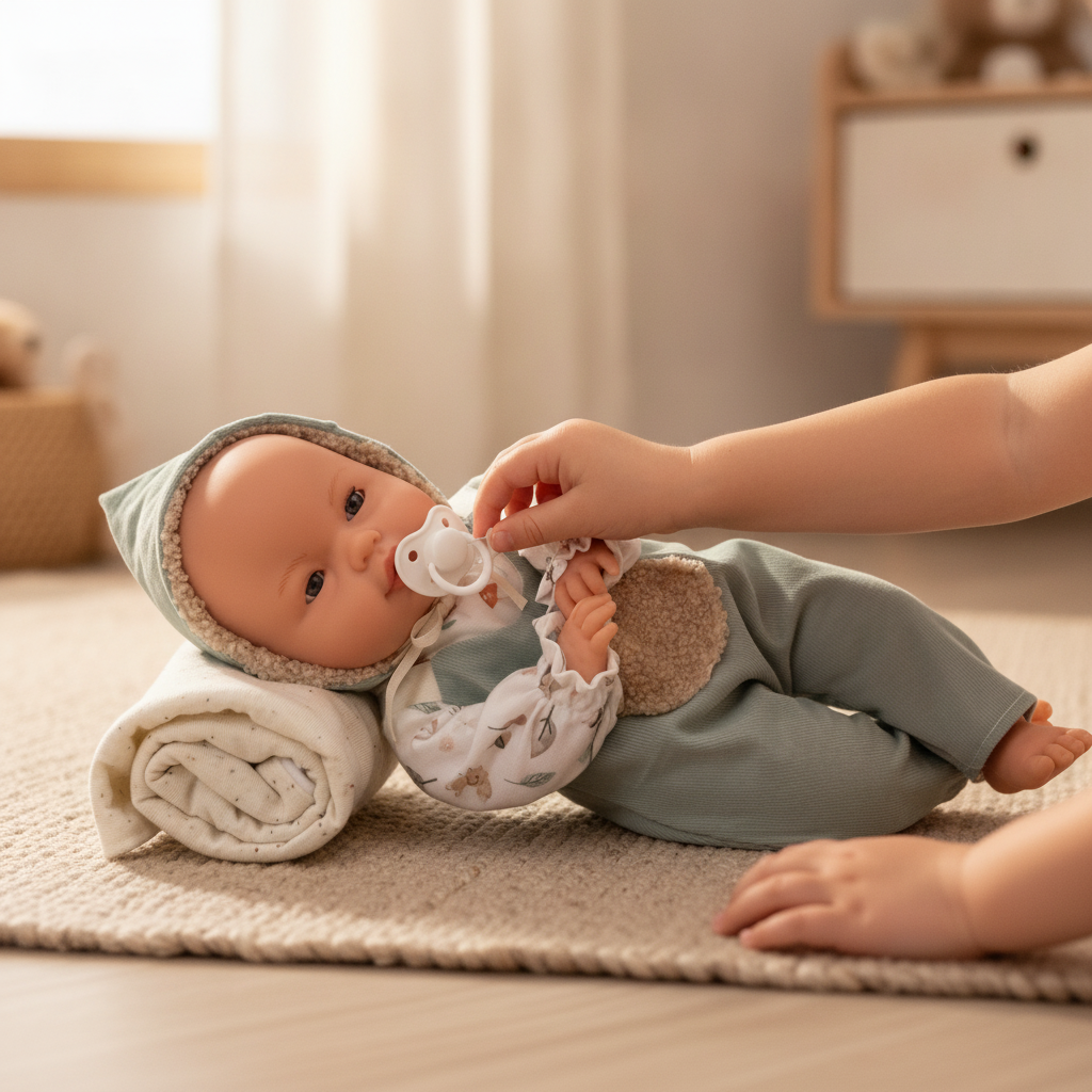 Child's hands removing the magnetic dummy from the Roma Fern Doll in a bright nursery setting